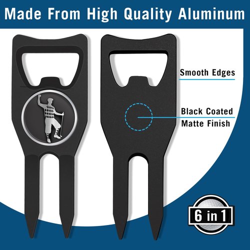6-in-1 Golf Divot Tool with Ball Marker – Premium Multi-Tool with Bottle Opener, Club Tee, Groove Cleaner, and Putting Alignment – The Ultimate Golf Accessory for the Green – Black