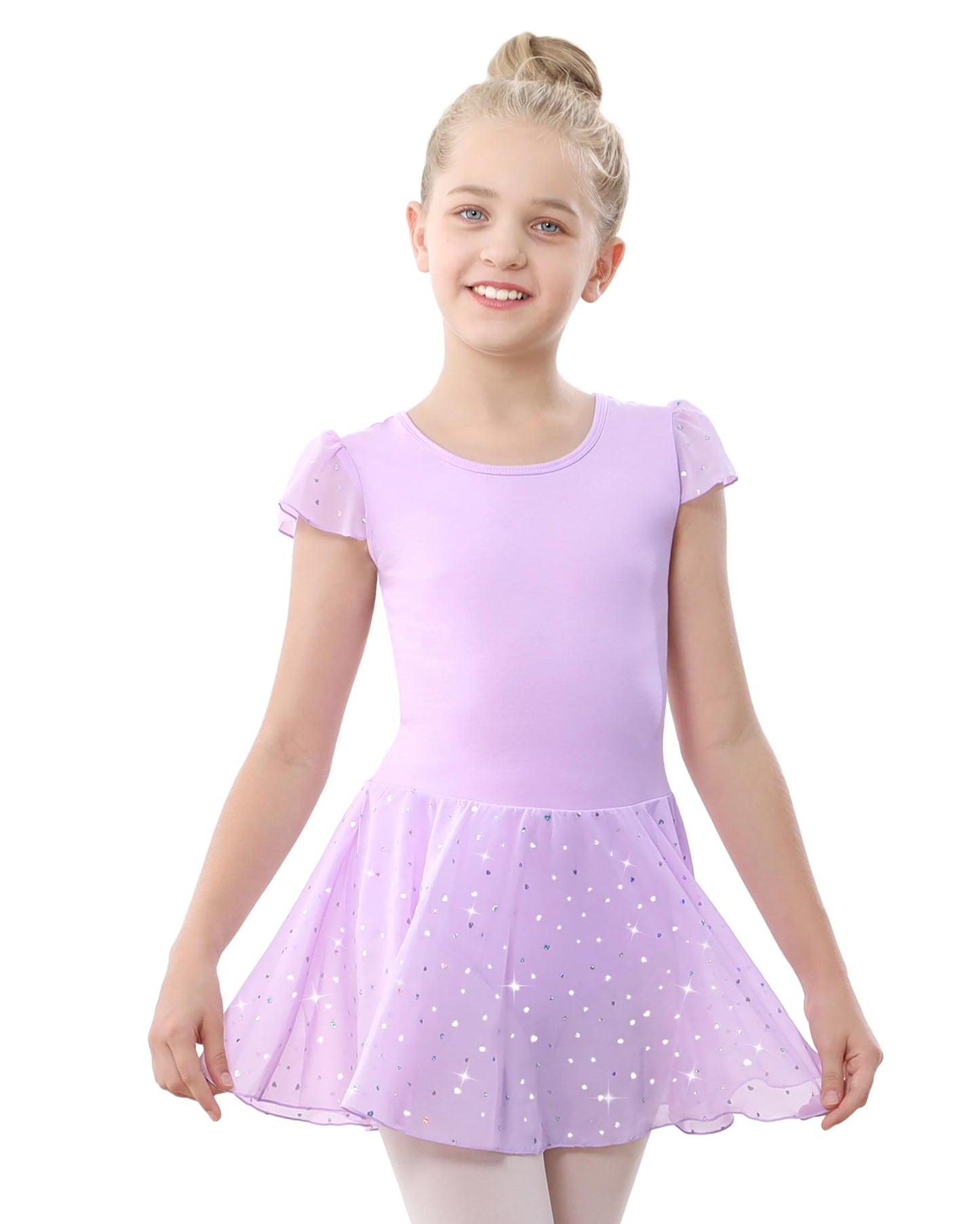 Stelle Ballet Leotards for Girls Dance Leotard with Shiny Skirt Toddler Pink Ballet Outfit Ruffle Sleeve Kids Dance Dress (Lavender,2-3T)