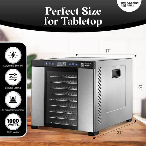 Magic Mill Food Dehydrator Machine - 11 Stainless Steel Trays | Adjustable Timer & Temperature Control for Jerky, Herbs, Fruits & Vegetables