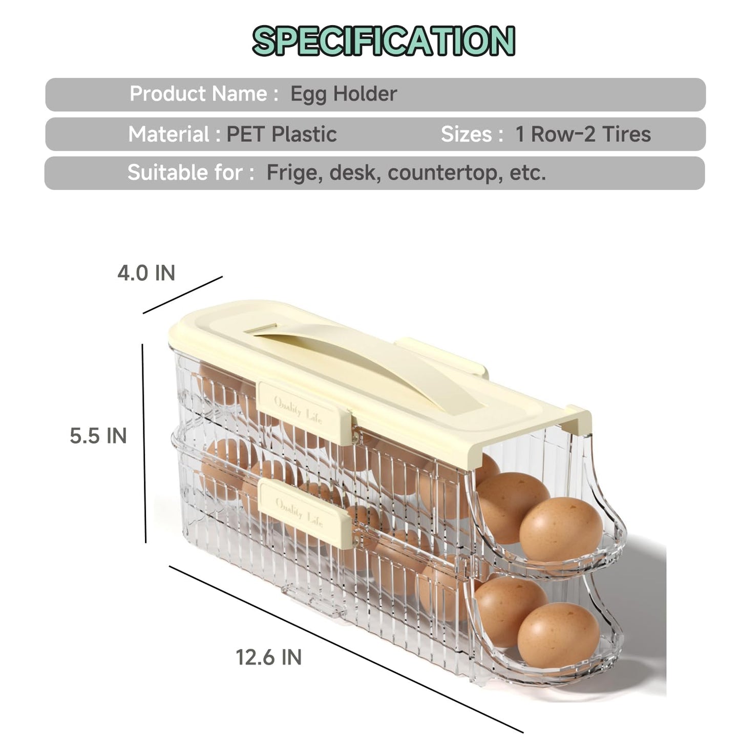SYXLTSH Egg Holder for Fridge Automatic Rolling, Egg Storager Container Organizer Dispenser for Refrigerator Stackable Removable Inner Tray, Egg Accessories (Clear, 1 Row-2 Tiers)