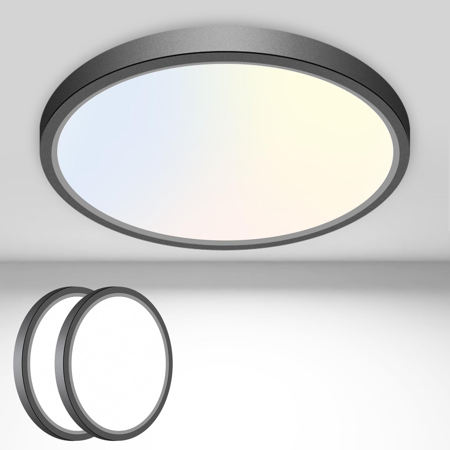 2PACK Flush Mount LED Ceiling Light Fixture - Black, 6.5Inch 12Watt, Dimmable & 3000K-4000K-6500K 3 Color Selectable Ceiling Lamp - 1200LM Low Profile Light for Kitchen, Bedroom, Hallway, Porch