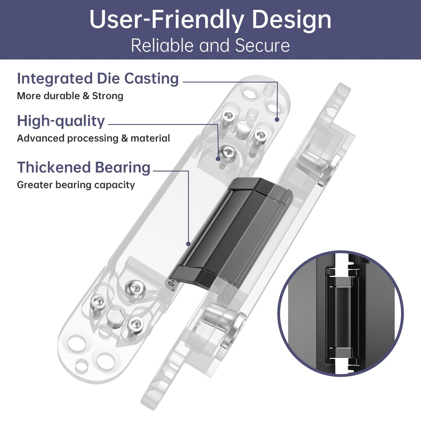 4-Pack 7 inch Hidden Hinges for Doors Invisible Hinges Concealed Zinc Alloy 180 Degree Swing 3 Way Adjustable Butt Silent Door Hinge 7 x 2.8 x 1 inch (Black