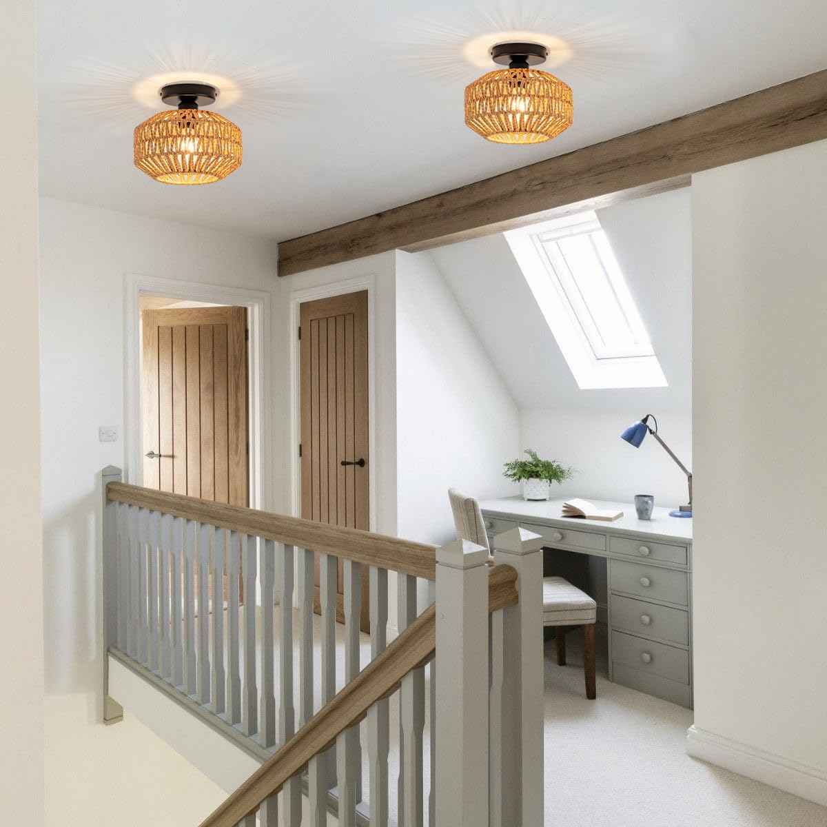 Mini Rattan Boho Ceiling Light Fixture, Small Woven Semi Flush Mount Ceiling Light, Wicker Light Fixture Hallway,Laundry Room, Closet,Nursery E26 1 Light