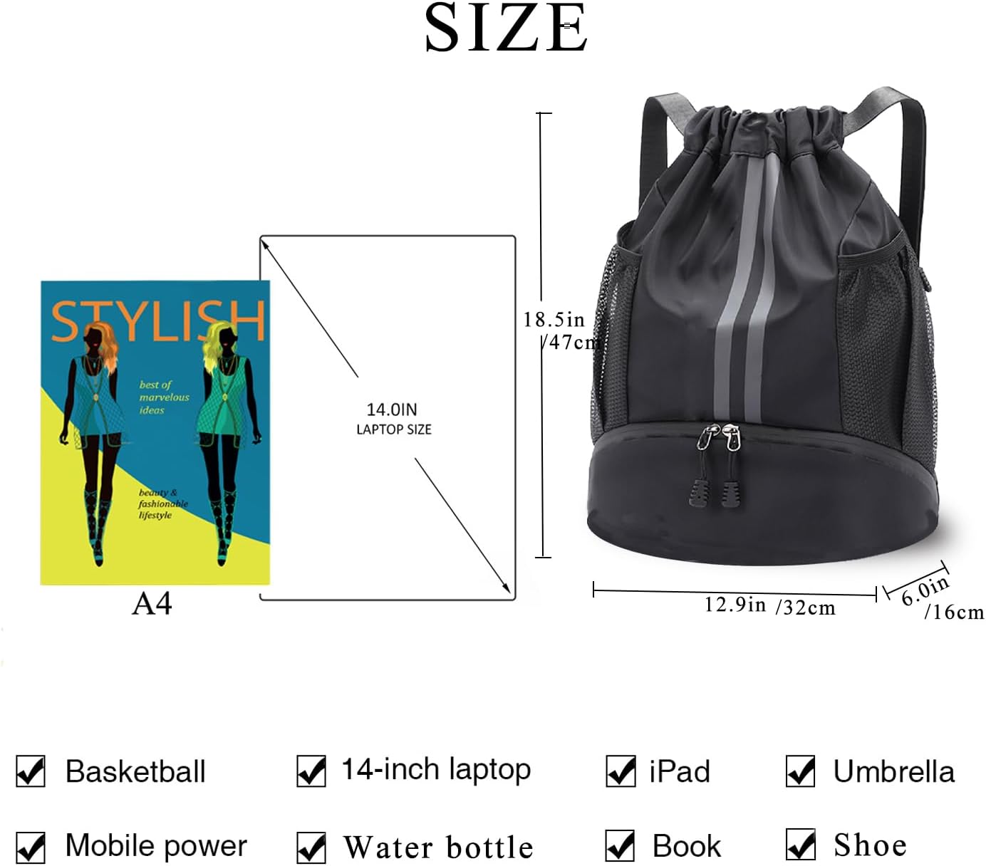 Skiennix Drawstring Backpack - Water Resistant Sports Gym Bag with Shoe Compartment | Ideal for Men & Women