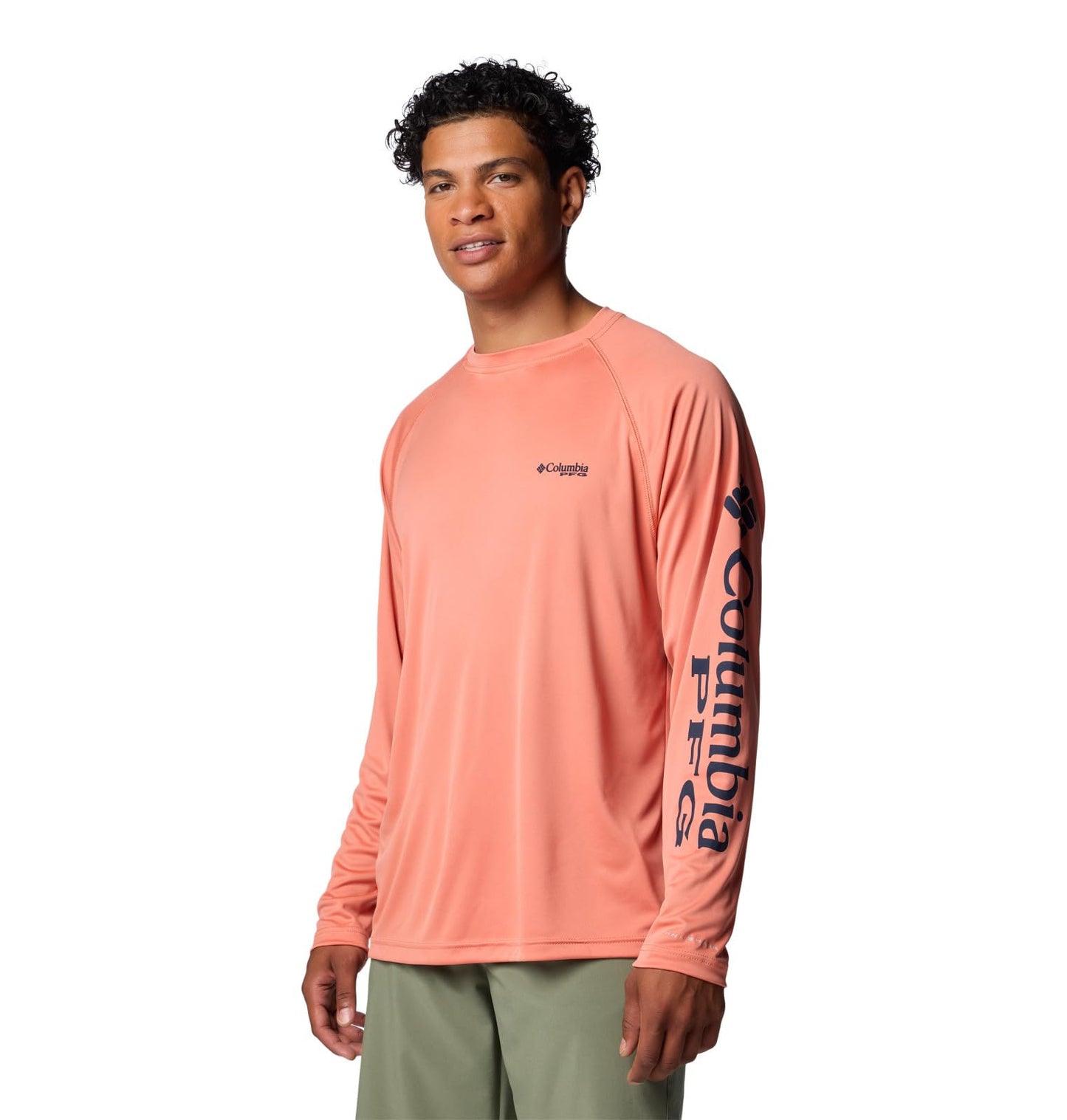 Columbia Men's Terminal Tackle Long Sleeve Shirt, Faded Peach/Collegiate Navy Logo, Medium