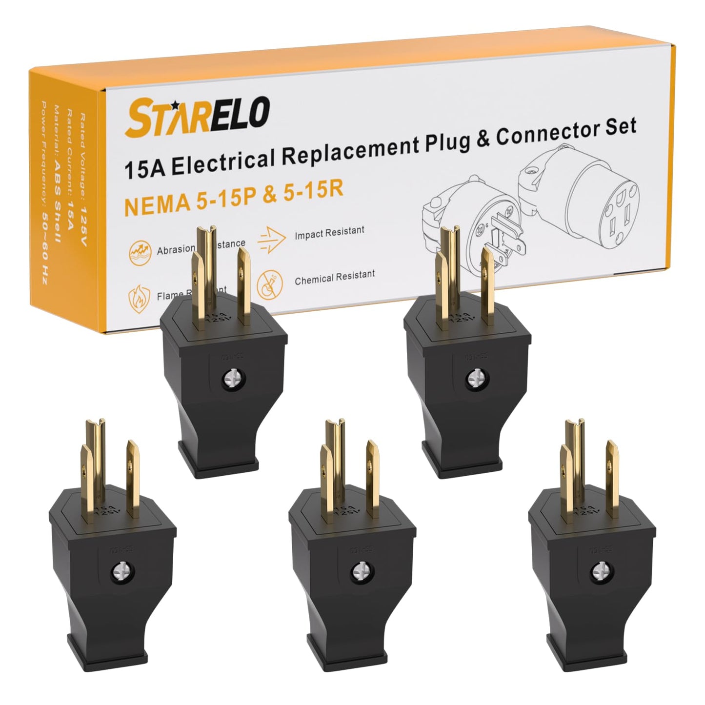 STARELO 5PCS Electrical Replacement Plug NEMA 5-15P Extension Cord Ends Black Shell 125V 15A 2Pole 3Wire.(Male)