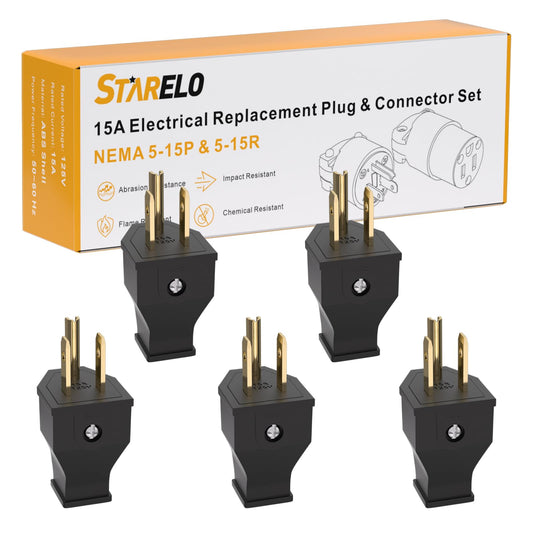 STARELO 5PCS Electrical Replacement Plug NEMA 5-15P Extension Cord Ends Black Shell 125V 15A 2Pole 3Wire.(Male)