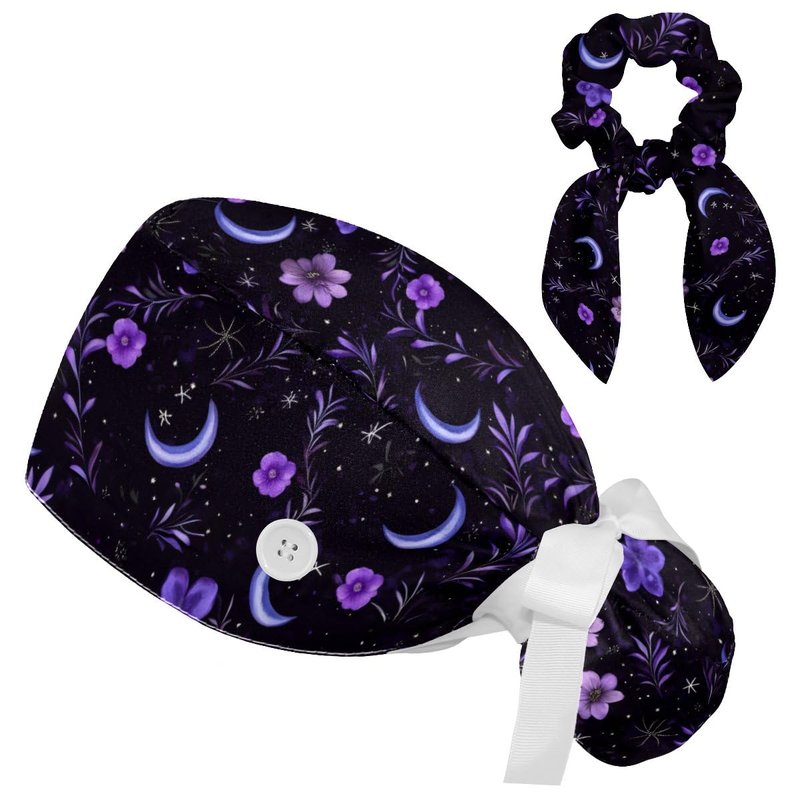 Scrub Caps Women, Surgical Caps with Buttons, Ponytail Nurse Hat, Bouffant Scrub Hats with Hair Scrunchy Adjustable, Moon Purple Floral Star Vintage Wildflower Pastorable