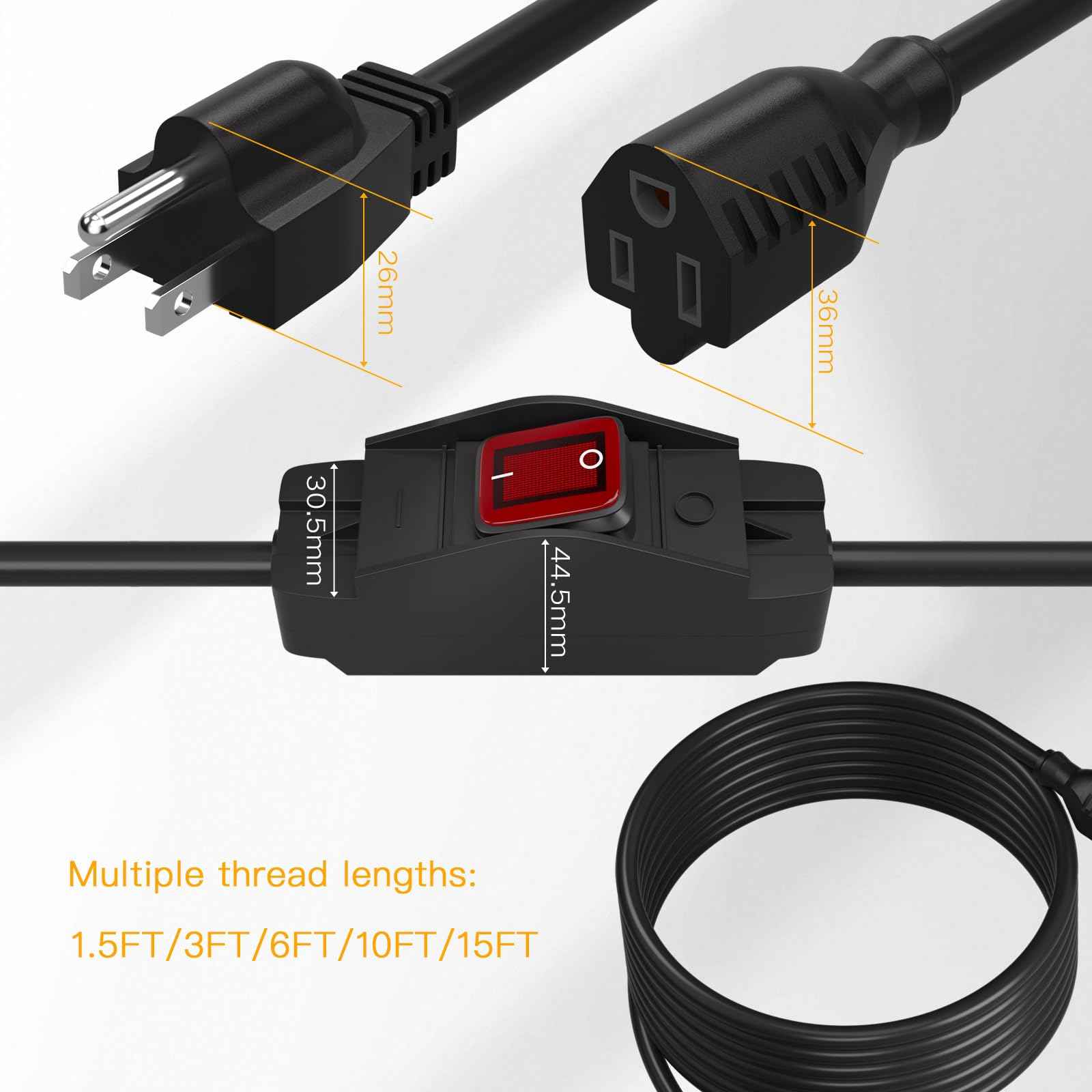 STARELO Extension Cord with ON/Off Near Waterproof Switch,Extension Cord with Switch 3-Prong Outdoor 1875W,Black Heavy Duty, 14/3 SJTW 15A 125V Grounded Plug Receptacle.(3FT,Black)