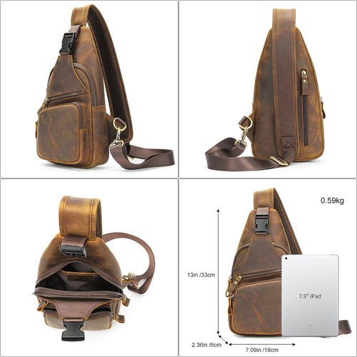 NIUCUNZH Genuine Leather Sling Bag Front Metal-Latch Crossbody Bags Handmade Vintage Chest Shoulder Backpack for Women Men Crazy Horse