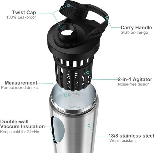Greatyos Stainless Steel Shaker Bottle - Noise-Free Design | 24 oz Insulated & 100% Leak Proof