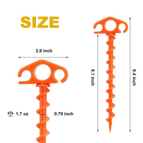 COBARYEN Tent Stakes Ground Anchors Screw in, 10 Pack Sand Stakes for Beach 9.4 Inch Heavy Duty Spiral Tent Pegs for Camping, Party, Hiking, Outdoor Decoration (10, Orange)