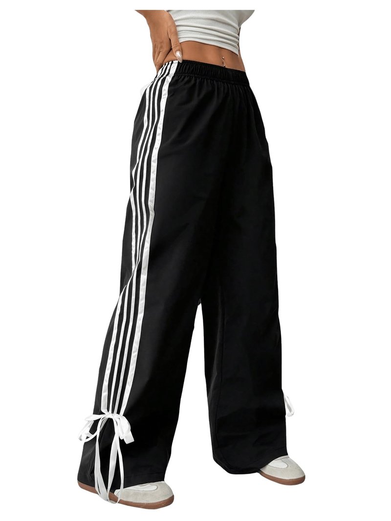 WDIRARA Girl's Side Striped Wide Leg Track Pants Bow Elastic High Waist Sweatpants Black Black 11 Years