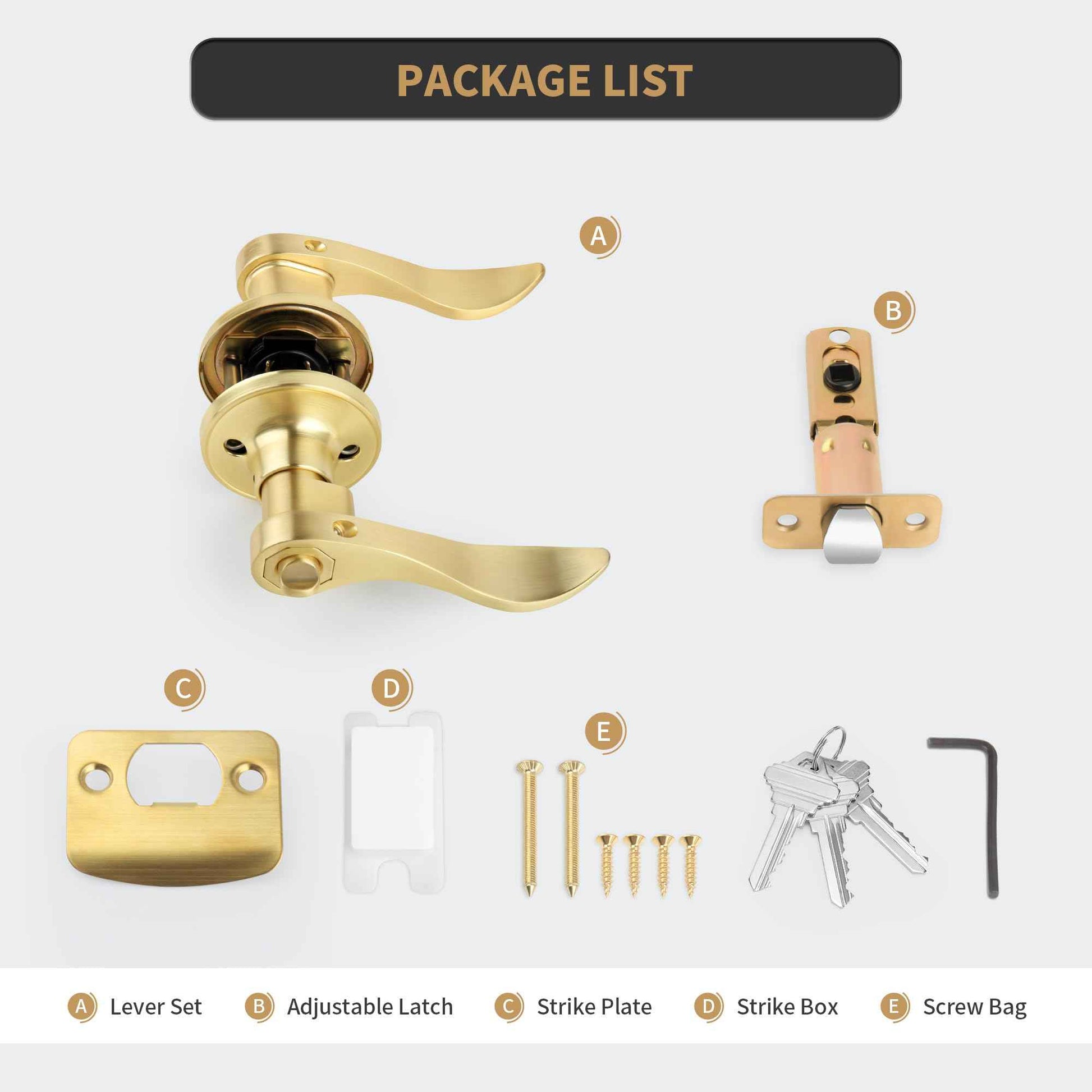 Gaurqiah 5 Pack Brushed Gold Door Handles Interior Wave Style（Keyed Alike）， Keyed Entry Gold Door Handles with Same Key and Lock, Reversible Door Lever for Bedroom、Bathroom、Closet, Satin Brass