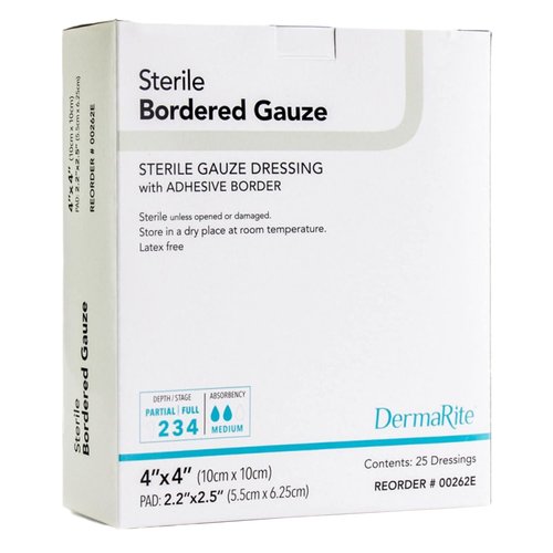 DermaRite's Sterile Bordered Gauze Dressing with Adhesive Border - Flexible Non-Linting Material, First-Aid, Individually Packaged - 4 in. x 4 in., 1 Count, 25 Packs, 25 Total