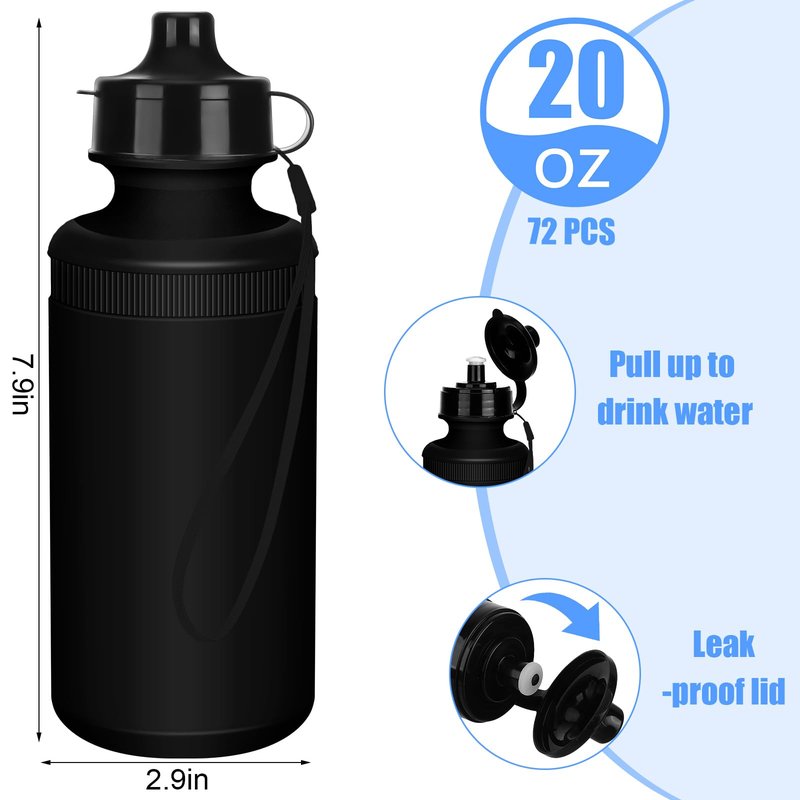 Ziliny 72 Pcs Sports Water Bottles Bulk for Team 20 oz Squeeze Reusable Plastic Water Bottles with Lanyards Blank DIY Cups End of the Year Gifts for Cycling Summer Camp Party Favors(Black)