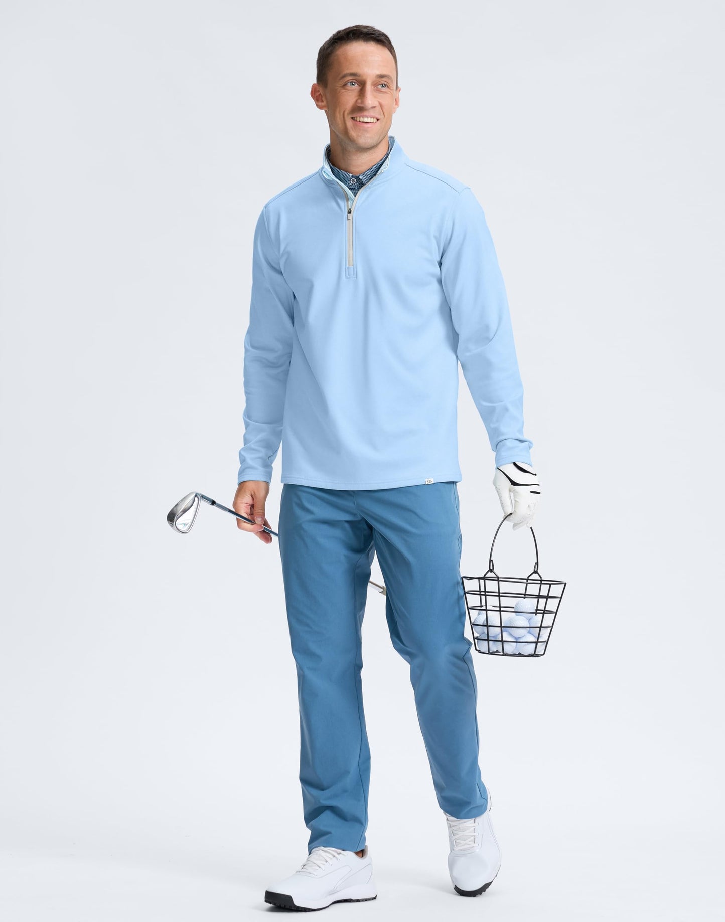 Obla Golf Quarter Zip Pullover Men Fleece Mock Neck Sweatshirt Winter Warm 1/4 Zip Long Sleeve Golf Shirt (Light Blue Melange_L)