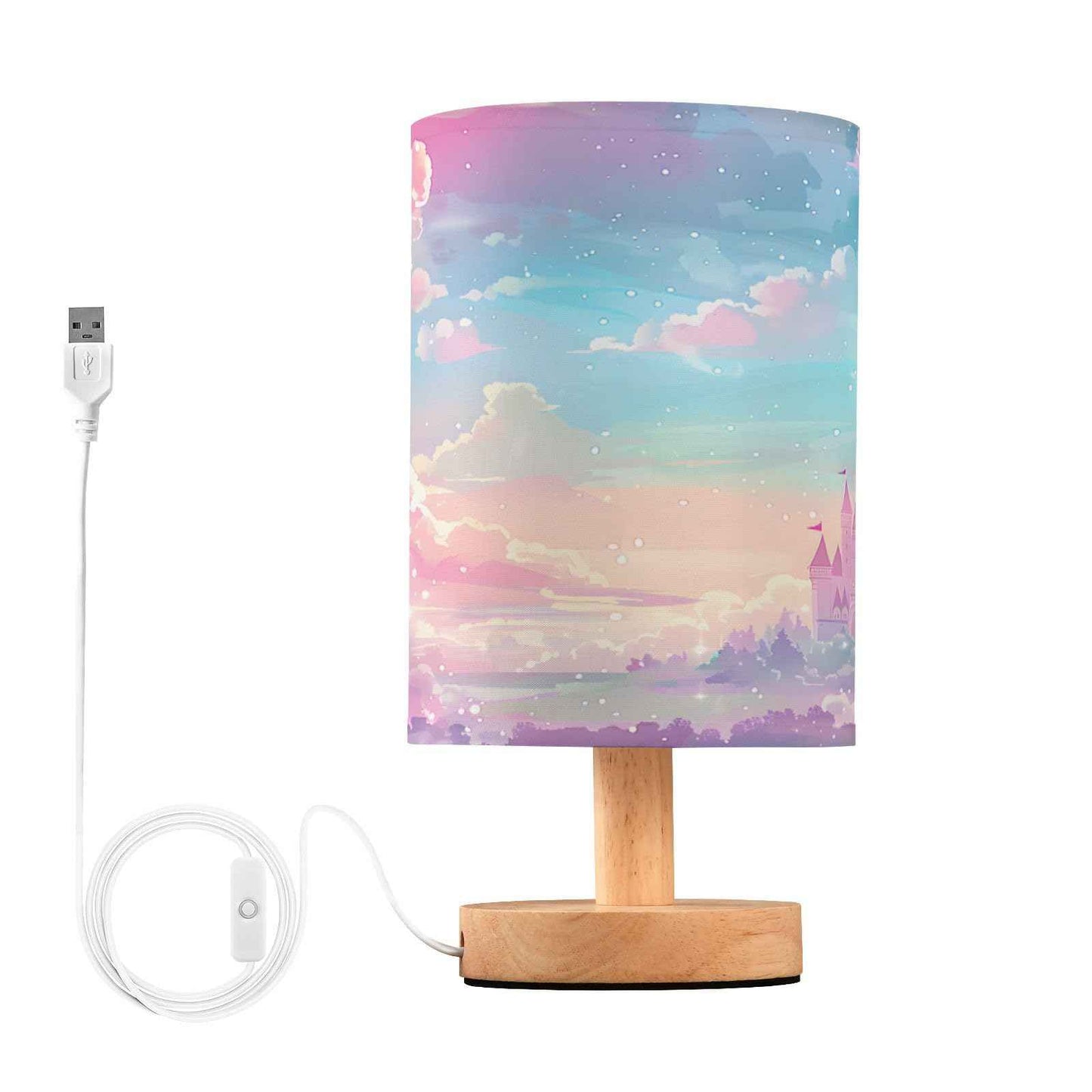 BOENLE Bedside Lamp Princess Castle Pink Sky Table Lamp for Bedroom LED Nightstand Lamp Shade USB Ports Wood Base for Living Room Dorm Office