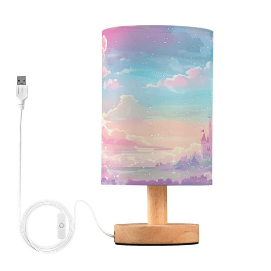 BOENLE Bedside Lamp Princess Castle Pink Sky Table Lamp for Bedroom LED Nightstand Lamp Shade USB Ports Wood Base for Living Room Dorm Office
