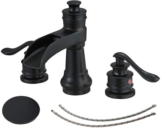 Bathfinesse 3 Hole Black Bathroom Sink Faucet 8 Inch Two Handles Widespread Waterfall Farmhouse with Pop Up Drain Assembly Stopper Supply Lines Hose Lead-Free