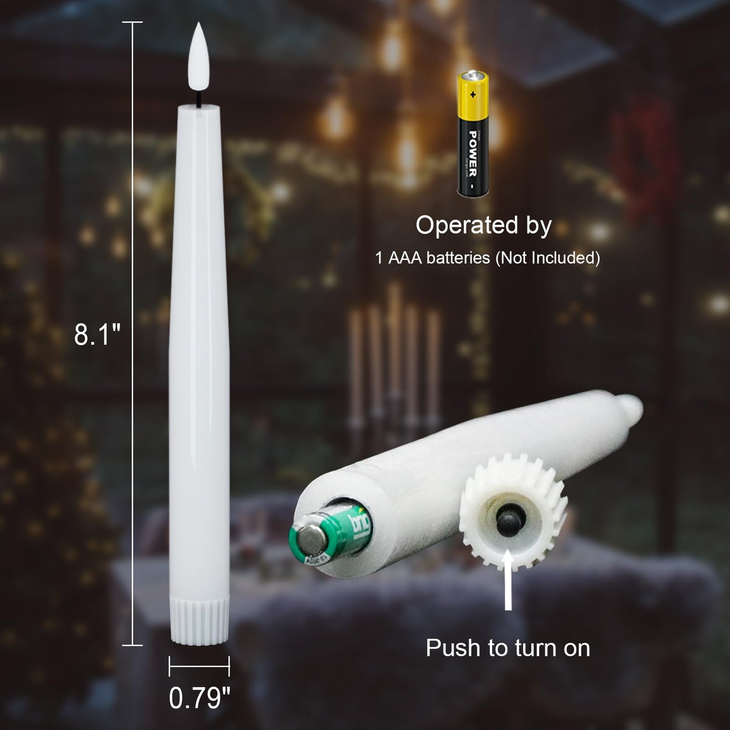GenSwin Flameless Flickering Taper Candles Battery Operated, 4 Pcs Real Wax LED Taper Flameless Candlesticks with 3D Wick, White Electic Long Candles for Home Table Centerpieces Decor (0.79” x 8.1”)