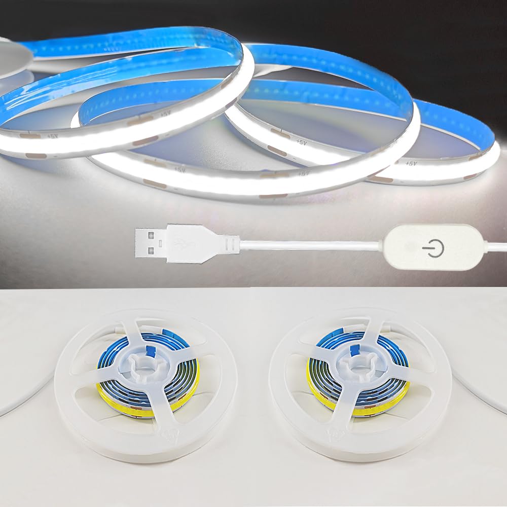 ZSLAIFU A 5V USB LED Light Strip, COB LED Strip Lights, White 5V LED Lights, Small LED Strip Light, TV Lights for TV Under Cabinet Kitchen Living Room Shelving or Displays (White, 3.28FT x2)