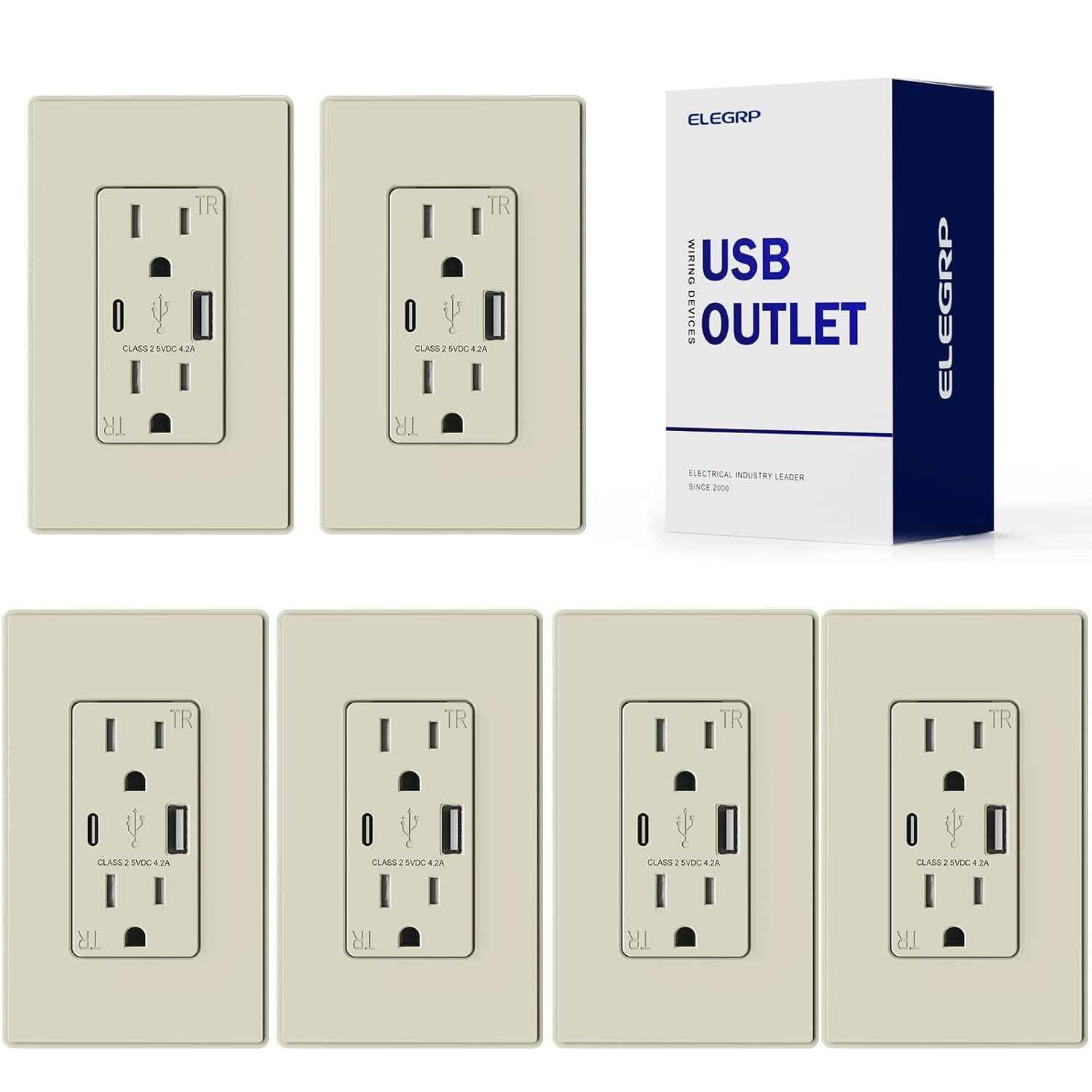 USB Wall Charger Outlet with A & C Ports - 15A Tamper Resistant, UL Listed, 6 Pack, Light Almond
