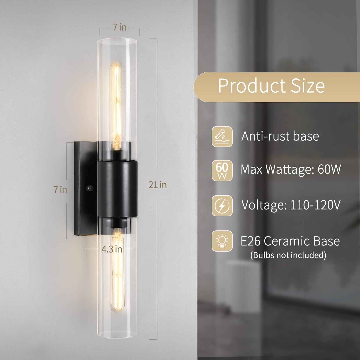 Bathroom Wall Sconces Set of Two Black , 21" Modern 2-Light Vanity Light Tube Wall Sconce, Clear Glass Indoor Hardwired Mounted Lamps for Living Room,Bedroom,Hallway-Black Clear (Bulb Not Included)