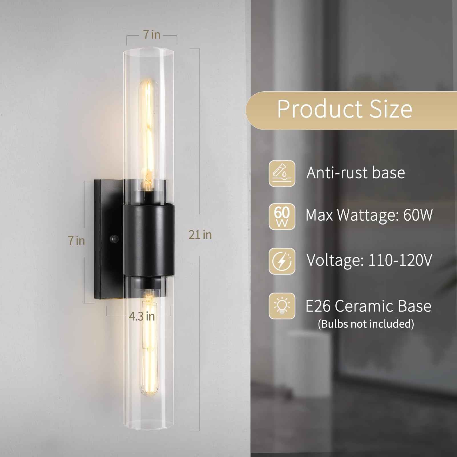 Bathroom Wall Sconces Set of Two Black , 21" Modern 2-Light Vanity Light Tube Wall Sconce, Clear Glass Indoor Hardwired Mounted Lamps for Living Room,Bedroom,Hallway-Black Clear (Bulb Not Included)