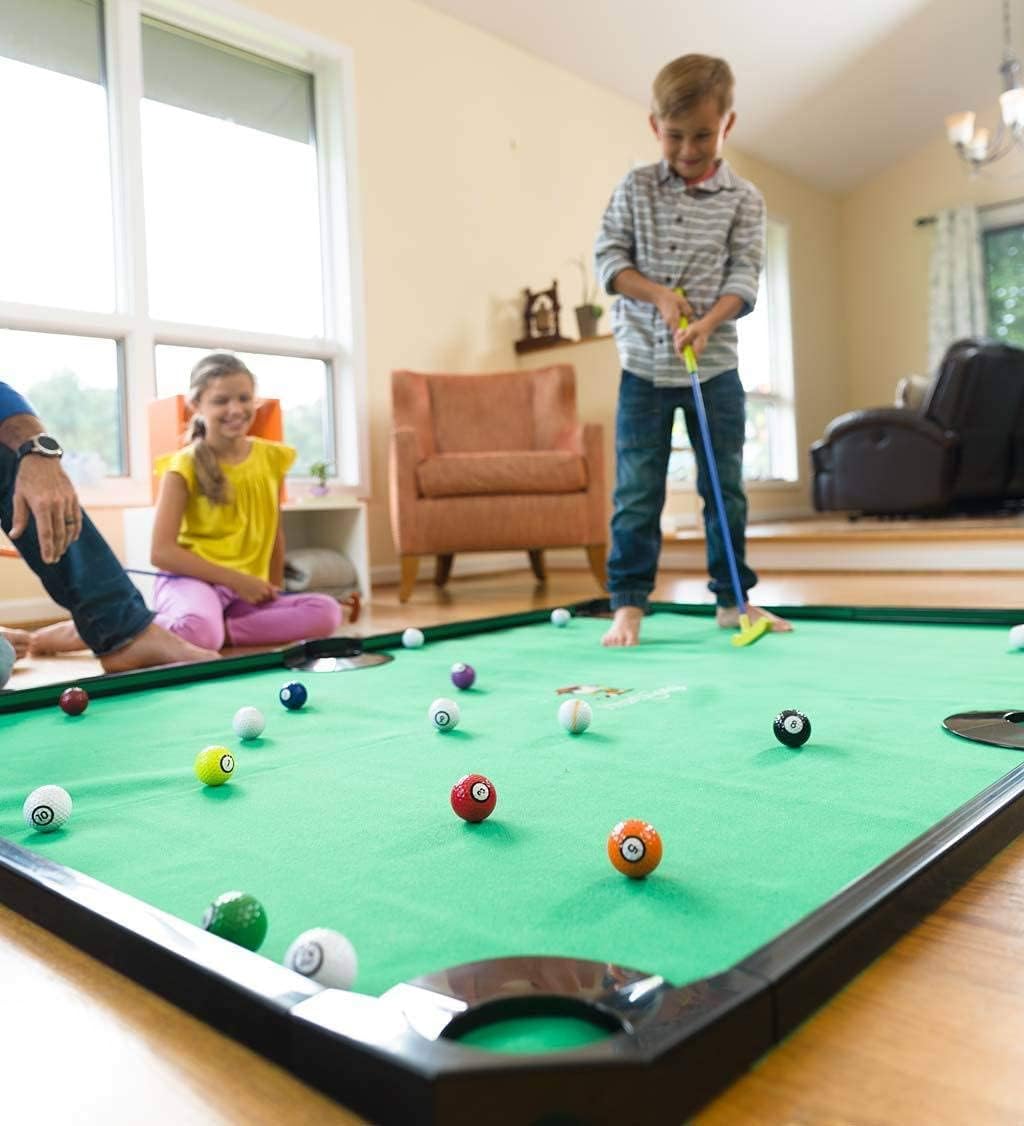 GOODLYSPORTS Pool Golf Indoor Family Game with Putting Mat 69.3 L x 57.5" W, Includes 2 Clubs, 16 Ball, 6 Holes, Golf Putting Mat Indoor Golf Game, Putting Green, Golf Games for Adults Indoor
