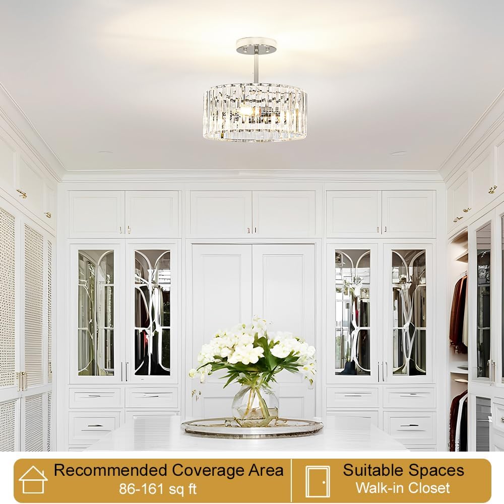 Modern Gold Crystal Ceiling Light Fixture - 11-Inch Semi Flush Mount Chandelier for Kitchen & Entryway