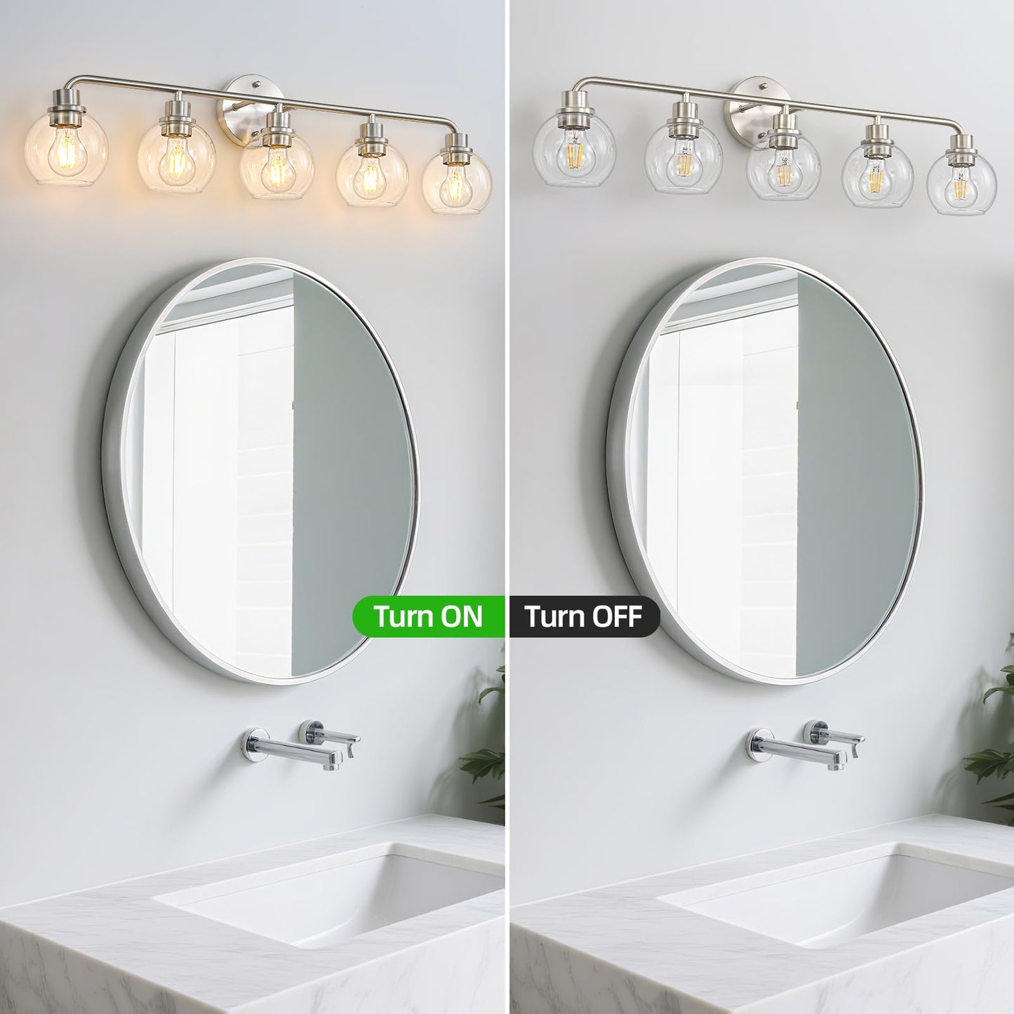 Bathroom Light Fixtures 5 Light Brushed Nickel Vanity Light Silver Modern Wall Sconces Lighting Bathroom Lights with Globe Glass Shade Bath Wall Lights for Mirror Kitchen Living Room Hallway 34.5"