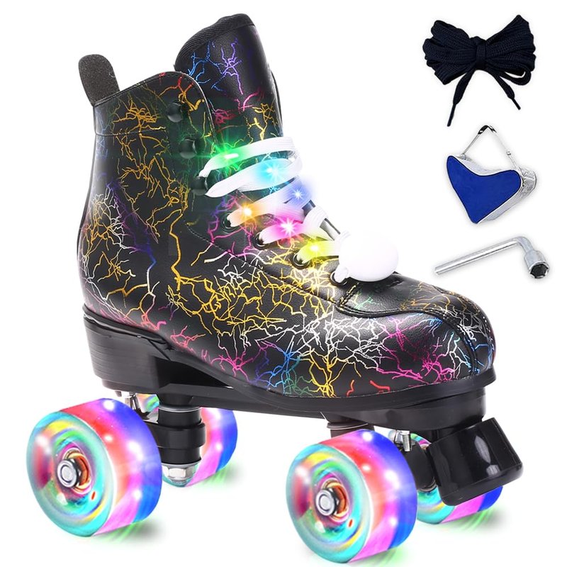 Roller Skates Women Men - Microfiber Leather Roller Skate Classic High Top Double Row Roller Skates for Indoor Outdoor with Light up Shoe Laces (Flash Wheel, 45-US Men 11= Women 12)