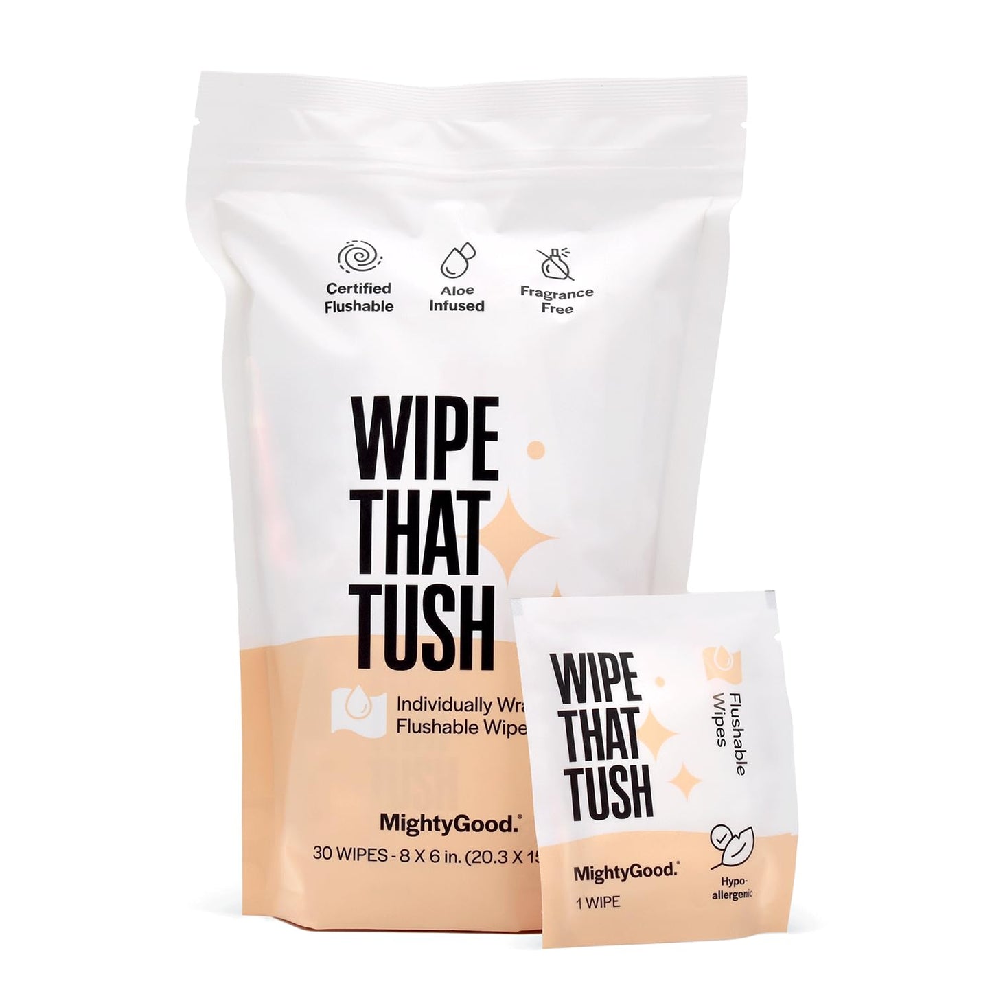Wipe That Tush Flushable Wipes - Extra Large & Soft, Fragrance-Free, Hypoallergenic - 30 Individually Wrapped Wipes