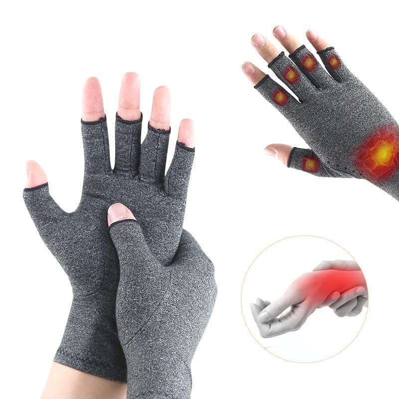 Compression Arthritis Gloves - Fingerless Pain Relief Support - Grey, Large