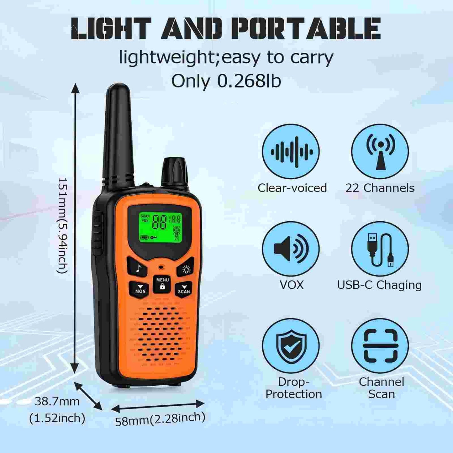 Walkie Talkies 2 Pack Walkie talkies with Rechargegable for Adults, 22 Channel FRS 2-Way Radios Walky Talky with LED Flashlight for Climbing, Camping Trip and Family Emergency Kit(2 Pack Orange).