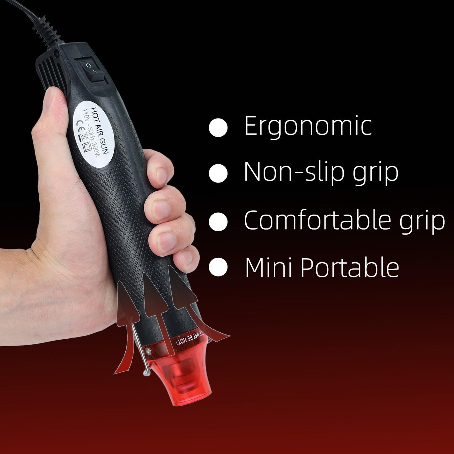 VortecSys Heat Gun for Crafting, 110V 300W Handed Hot Air Gun, 3.28FT Ultra-Long Cable Portable Heat Gun with Stand and Power Cord for Shrinking Wrapping PVC, DIY Embossing and Drying Paint (Black)