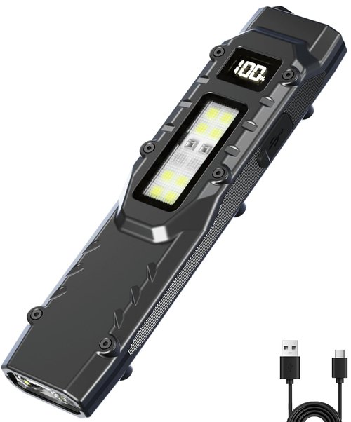 Ciwuzxs EDC Tactical Flashlight DT007, Compact 7 Mode Pocket LED Flashlight - 1500LM, USB-C Rechargeable Digital Display, IPX5 with Side Light and Clip for Everyday Carry Travel (1, Black)