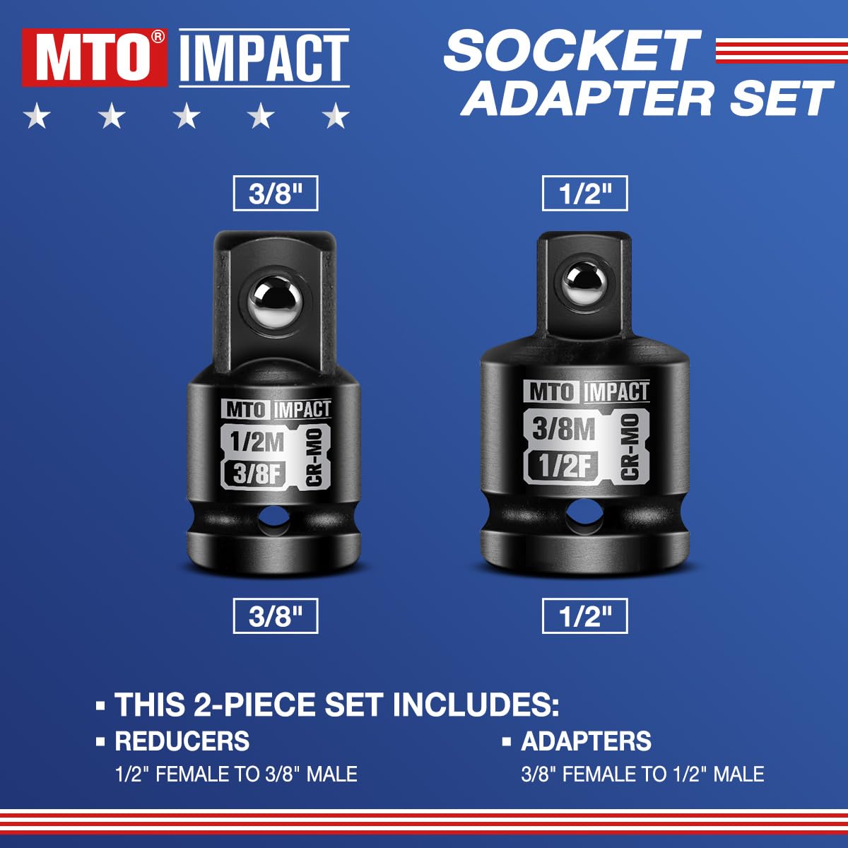 MTO 2-Piece Impact Socket Adapter and Reducer Set, 1/2" Female to 3/8" Male Reducer, 3/8” Female to 1/2” Male Adapter, Chrome Molybdenum Alloy Steel
