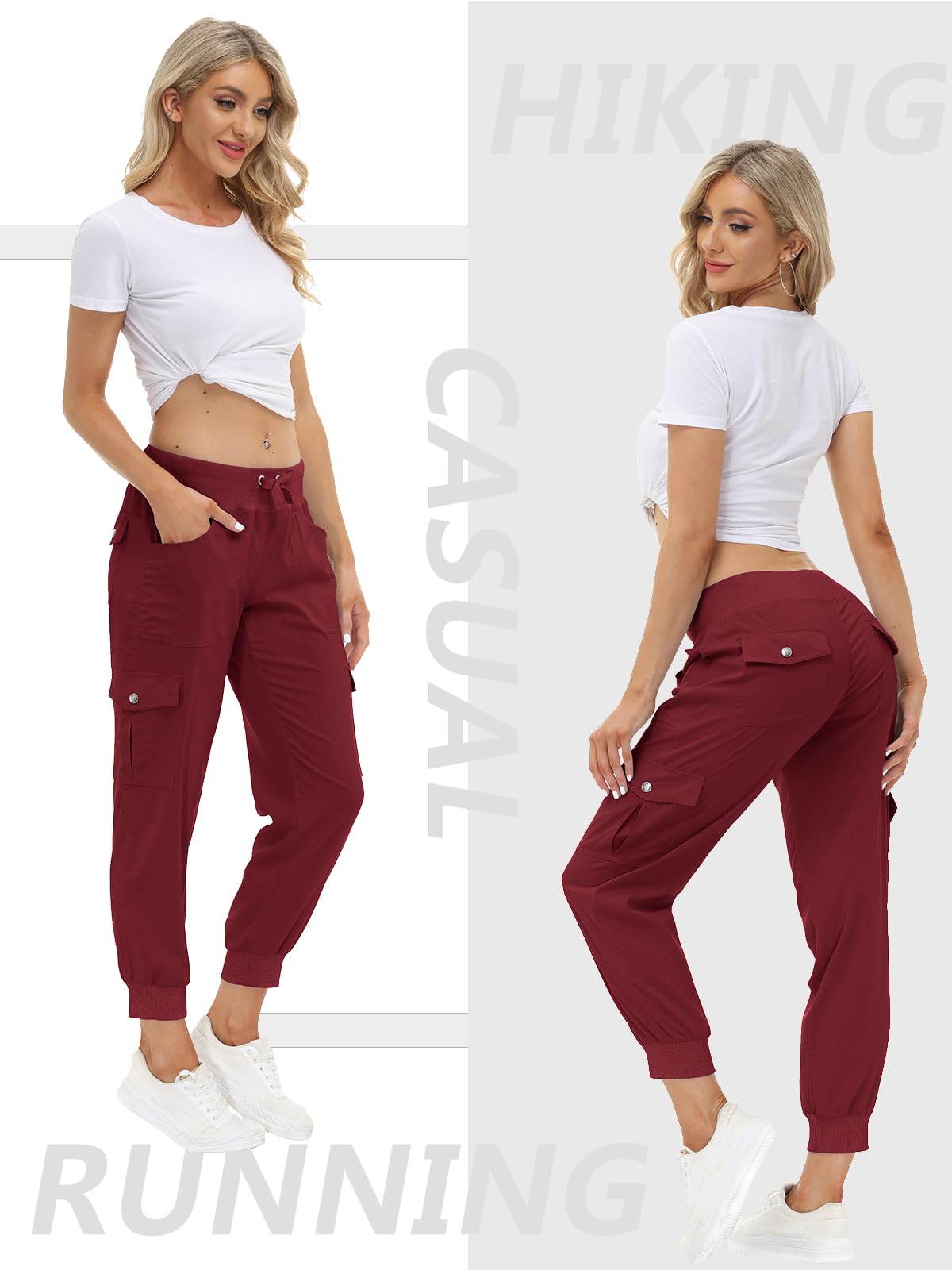 MoFiz Hiking Cargo Pants for Women with Pockets Lightweight Quick Dry Athletic Outdoor Summer Travel Casual Joggers Sweatpants Wine Red M