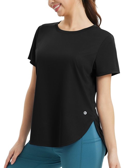 baleaf Women's Short Sleeve Workout Tops Athletic Running Shirts Quick Dry T-Shirts Loose Fit Gym Yoga Tee UPF 50+ Black L