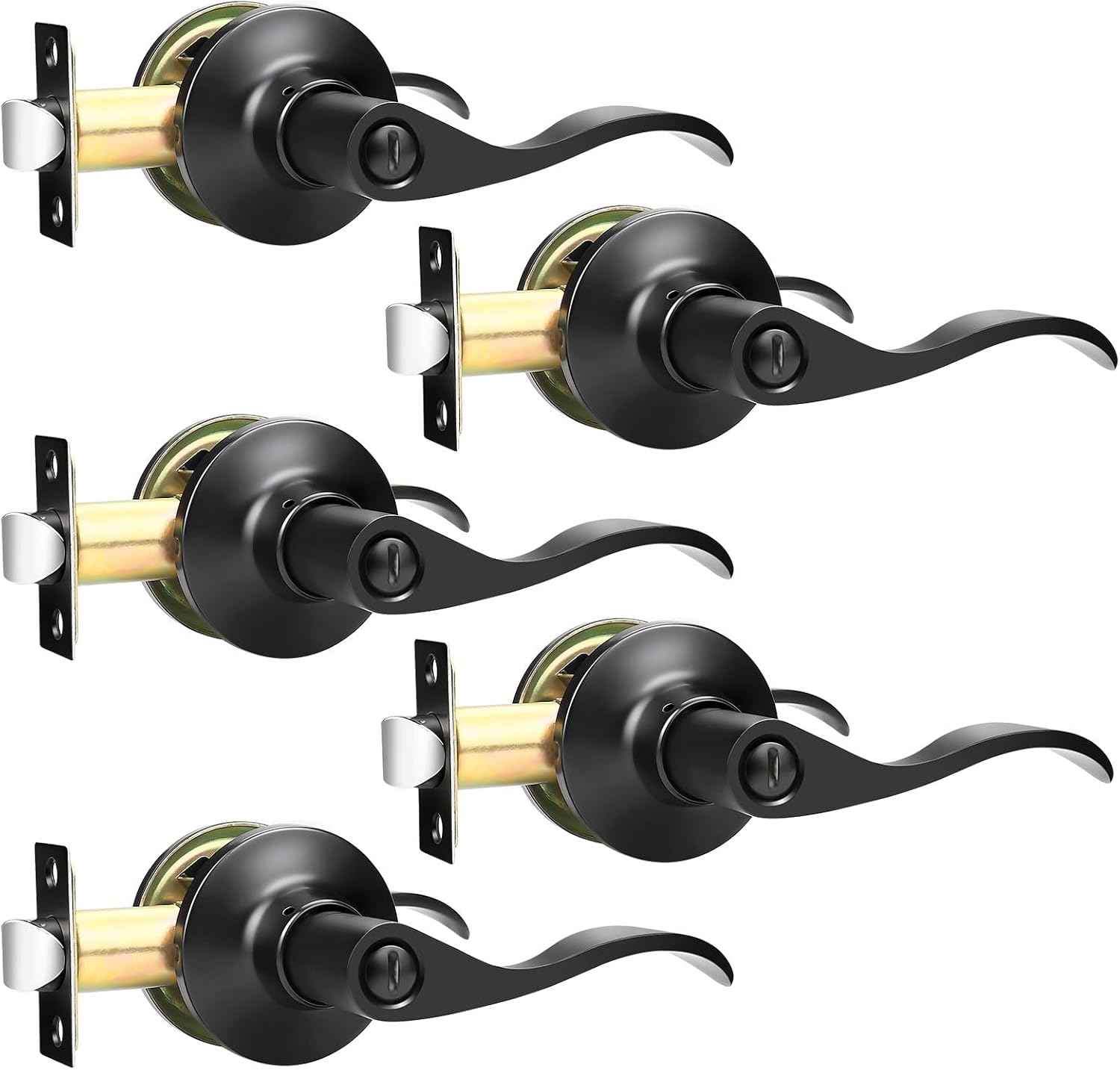 Black Privacy Door Levers - 6 Pack Keyless Modern Wave Handles for Bedrooms