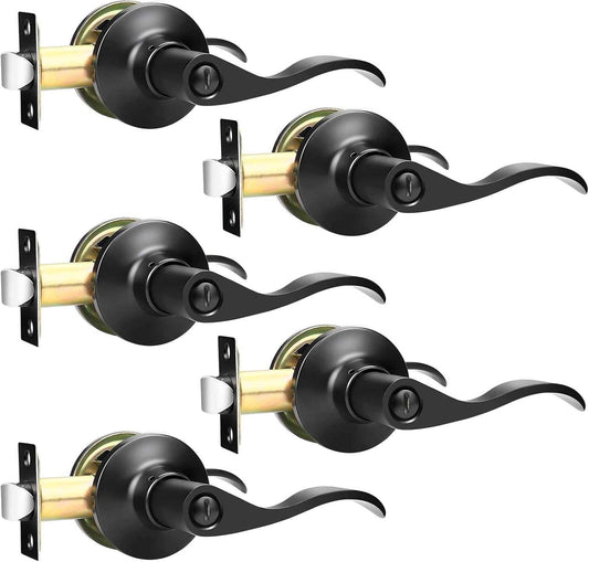 Black Privacy Door Levers - 6 Pack Keyless Modern Wave Handles for Bedrooms