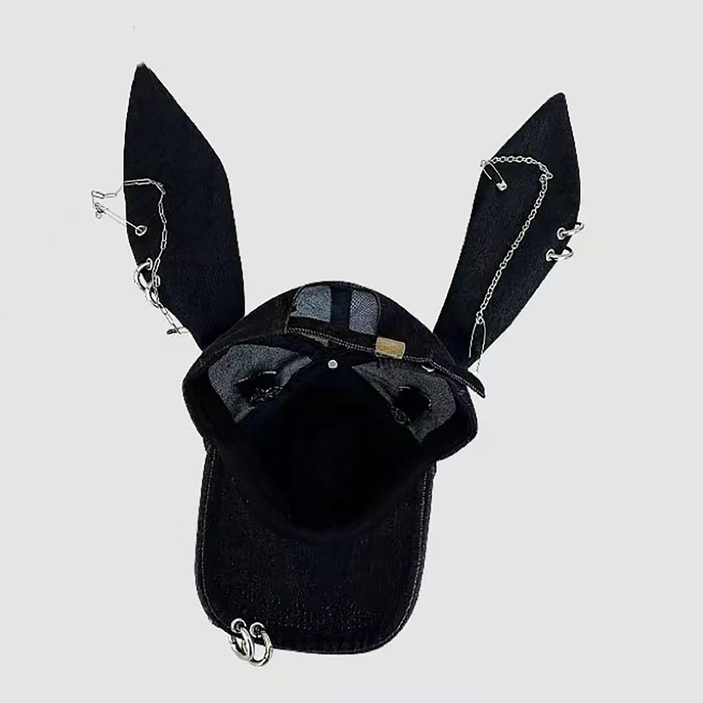CORIRESHA Cute Bunny Hat with Ears Y2k Grunge Metal Iron Ring Chain Distressed Denim Baseball Cap