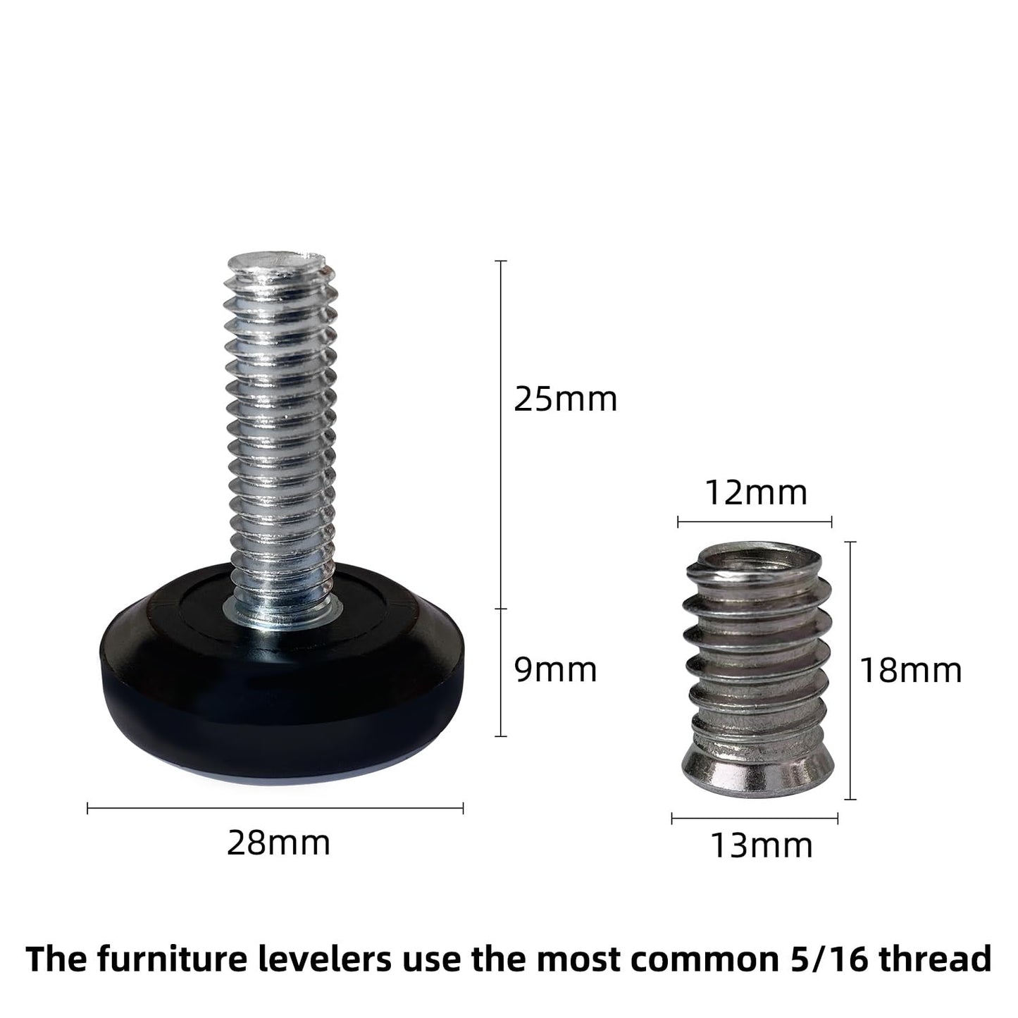 5/16" Thread Furniture/Table/Chair/Bar Stool Feet Levelers Screw On for Wood Leg Leveling Glides,5/16-18 Threaded Adjustable Foot Pads Screws in with Inserts (8 Pcs/Package)