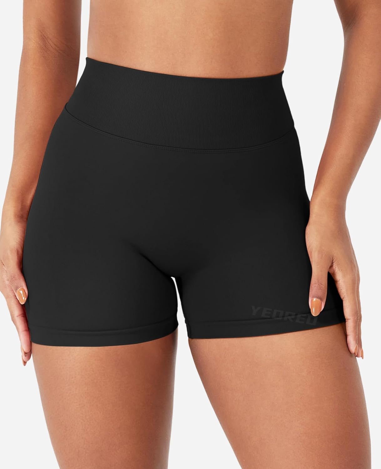 YEOREO SoftHue Women's Workout Shorts - High Waisted Tummy Control | 3.6" Hidden Scrunch V Back Biker Shorts