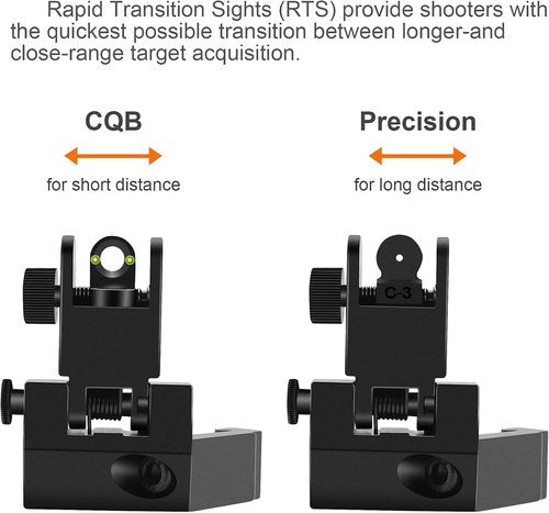 Fiber Optics Iron Sights - Low Profile 45 Degree Front & Rear Backup AR Sights | Durable All-Metal Construction with Red & Green Dots