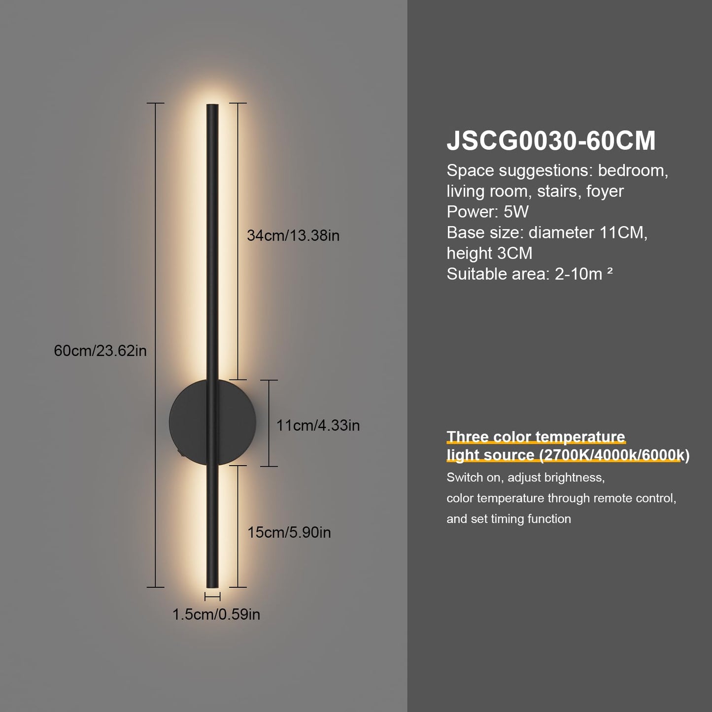 Black Battery Operated Wall Sconces 2 Packs with Remote Control, Dimmable Rechargeable Wall Sconces, 360°Rotate, LED Wireless Stepless Dimming Wall Lights for Living Room, Hallway, Bedroom 23.6 Inch