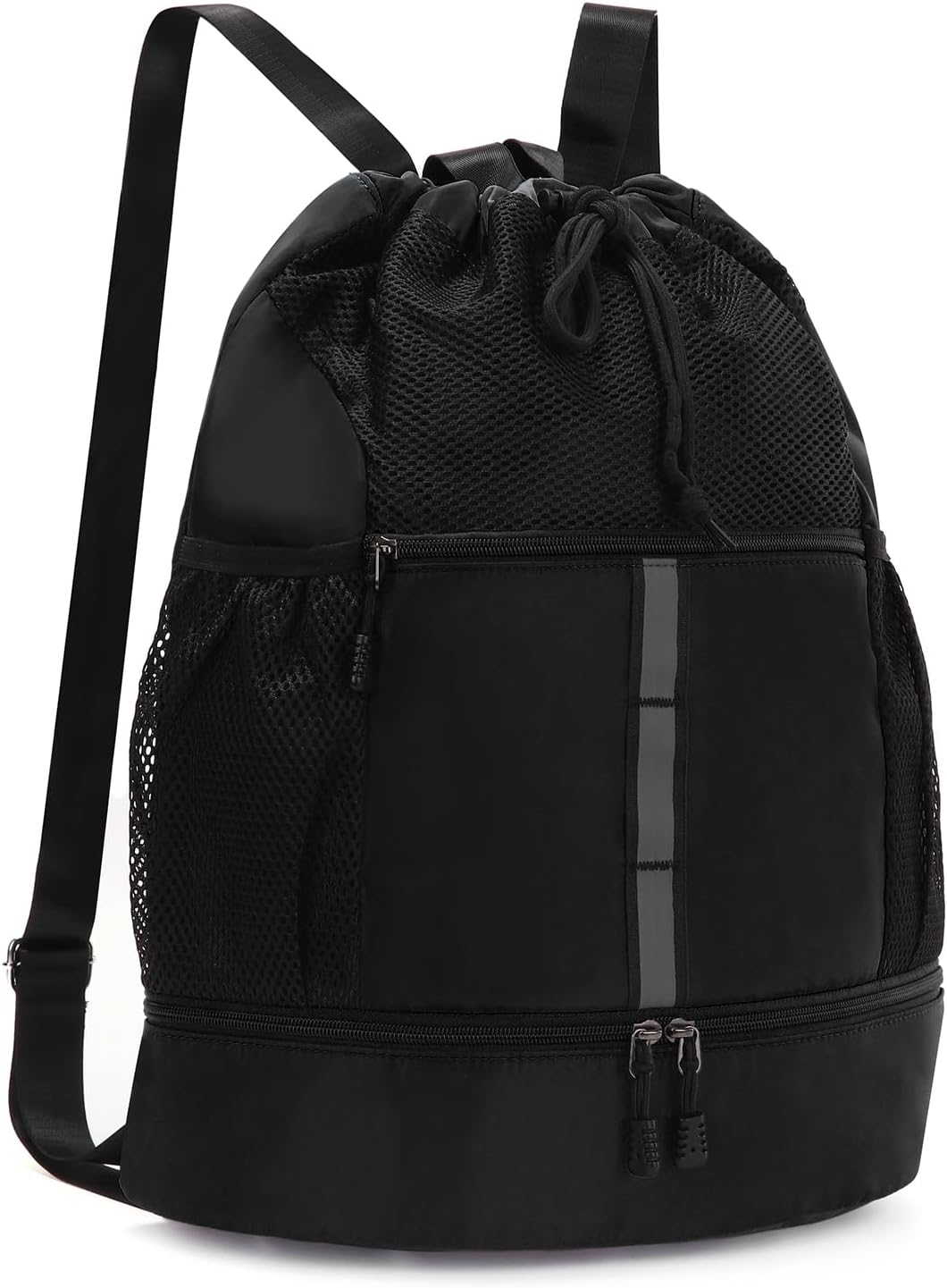 Valleycomfy Drawstring Gym Bag - Sports Backpack with Shoe Compartment & Reflective Strips | Black