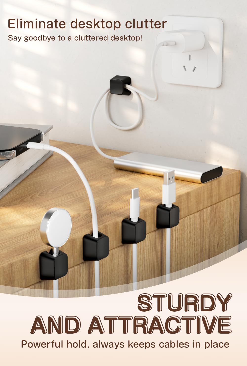 Maveek Magnetic Cord Clips, Cable Holder Magnet Silicone Cord Organizer Keyboard Keys Square Cable Management for Charging USB C Ethernet HDMI Home Office Car TV Cables (5 Pack, Black)